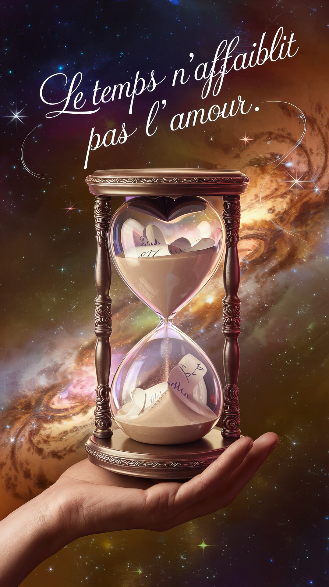 Une main humaine tient un sablier en forme de cœur rempli de sable et de mots d'amour, sur un fond cosmique étoilé.