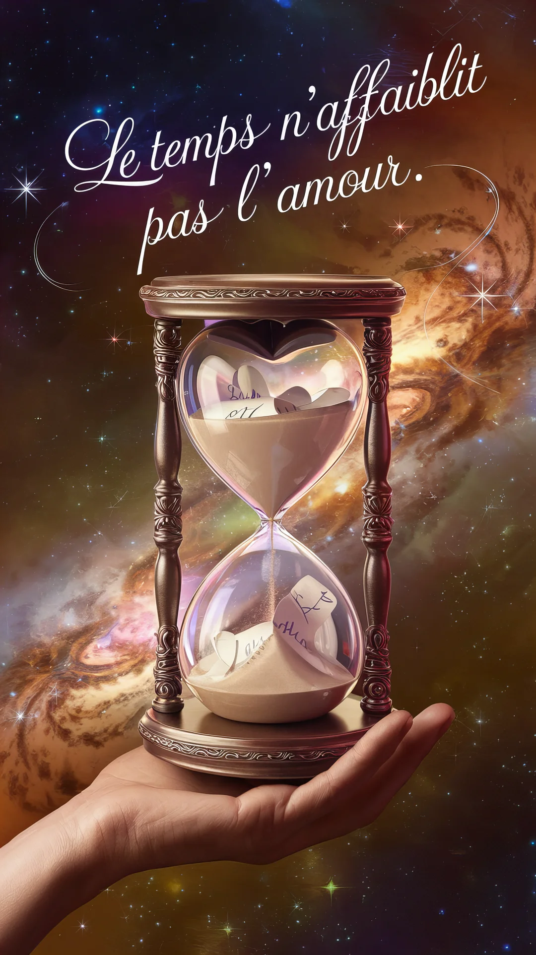 Une main humaine tient un sablier en forme de cœur rempli de sable et de mots d'amour, sur un fond cosmique étoilé.