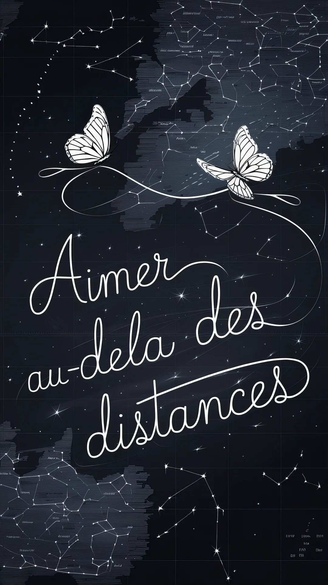 Deux papillons blancs volent sur un fond sombre représentant une carte céleste avec des constellations, au-dessus du texte manuscrit 'Aimer au-delà des distances'.