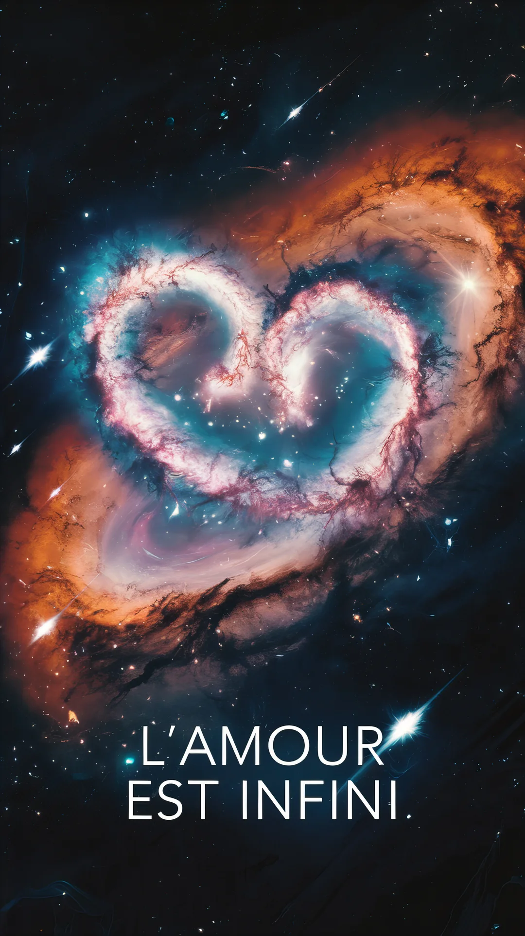 Une nébuleuse galactique aux couleurs bleu et orange forme un cœur lumineux au milieu d'un ciel noir rempli d'étoiles scintillantes.