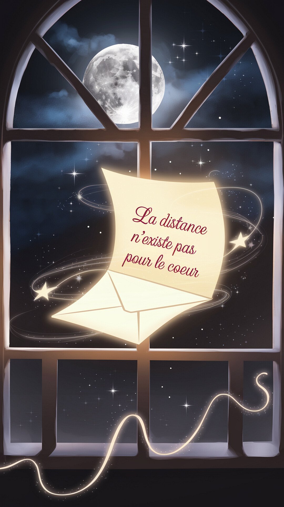 Une lettre et une enveloppe lumineuses flottent devant une fenêtre cintrée, révélant un ciel nocturne étoilé avec une pleine lune.