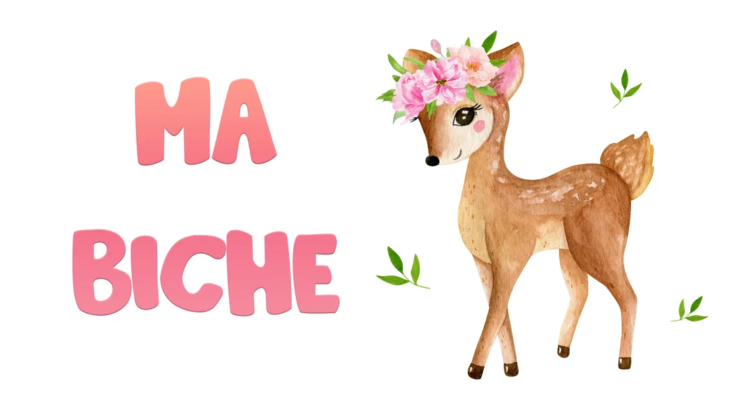 Sur un fond blanc, un faon illustré à l'aquarelle porte des fleurs roses sur sa tête, à côté du texte en deux mots "Ma Biche".