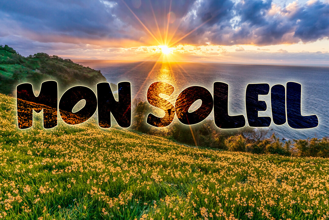 Une photographie d'un coucher de soleil sur l'océan, vue depuis une colline fleurie, avec l'inscription en grosses lettres "Mon Soleil" superposée.