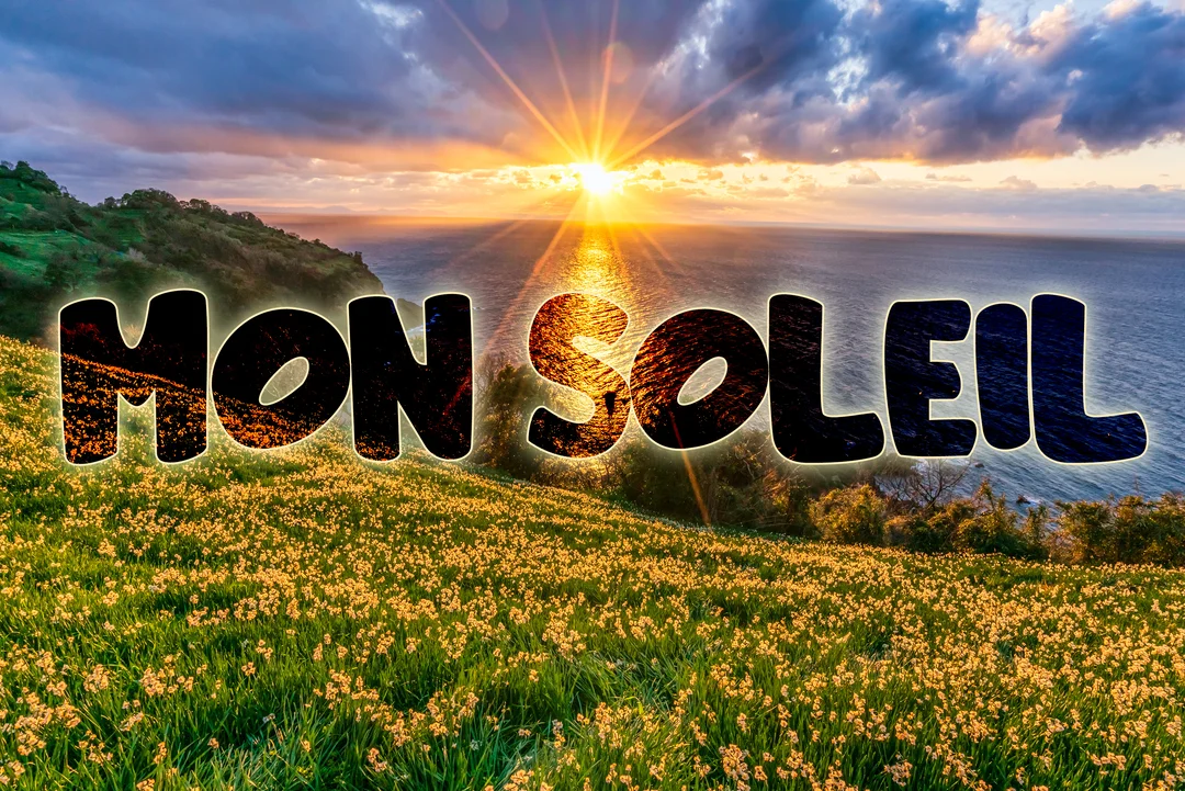 Une photographie d'un coucher de soleil sur l'océan, vue depuis une colline fleurie, avec l'inscription en grosses lettres "Mon Soleil" superposée.