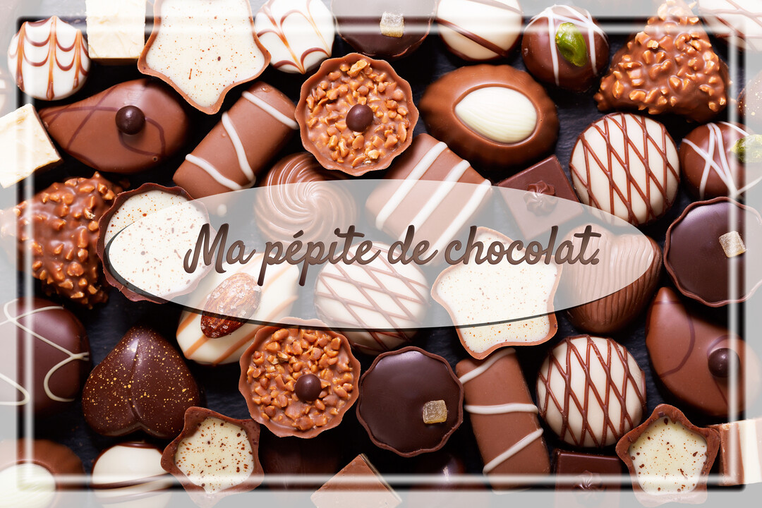 Vue de dessus d'un assortiment varié de chocolats au lait, noirs et blancs, de formes diverses, avec une inscription centrale.