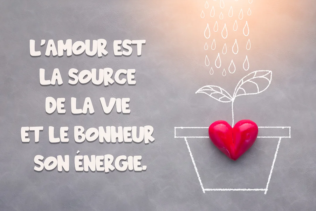 Sur un fond gris, une citation sur l'amour accompagne le dessin d'une plante qui pousse depuis un cœur rouge dans un pot.