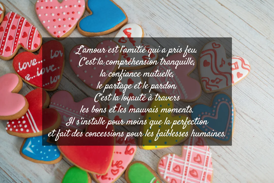 Des biscuits en forme de cœur, multicolores et décorés, sont disposés sur une surface en bois clair, avec un texte superposé au centre.