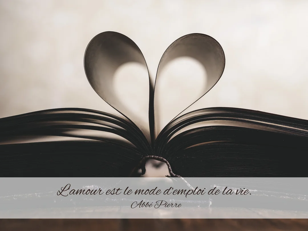 Photographie en tons sépia d'un livre ouvert dont les pages centrales sont pliées pour créer la forme d'un cœur parfait.