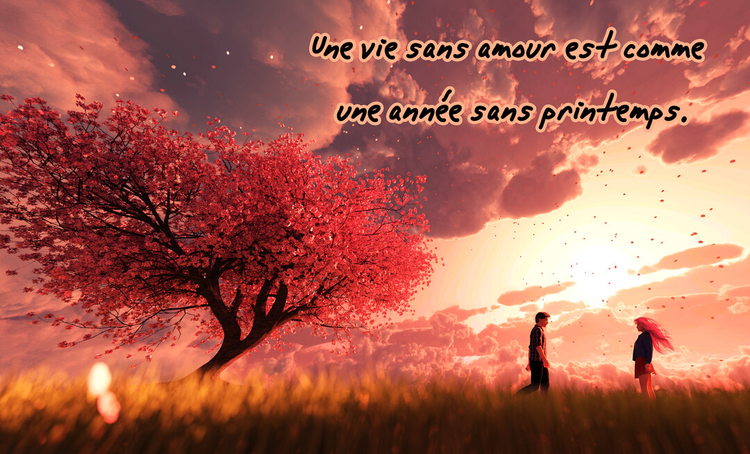 Un couple se fait face dans un champ sous un grand arbre aux feuilles roses, avec un ciel crépusculaire et une citation sur l'amour.