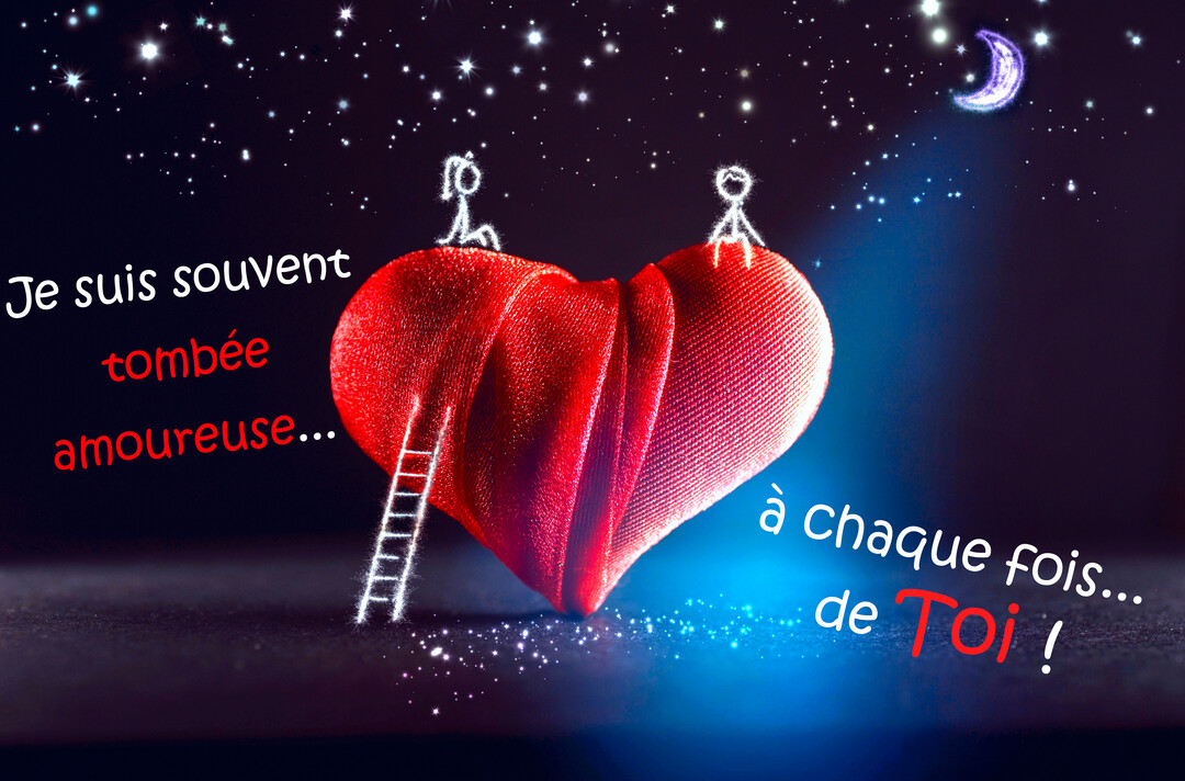 Une scène nocturne avec un grand cœur rouge sur lequel se tiennent deux personnages, sous un ciel étoilé et une lune brillante.