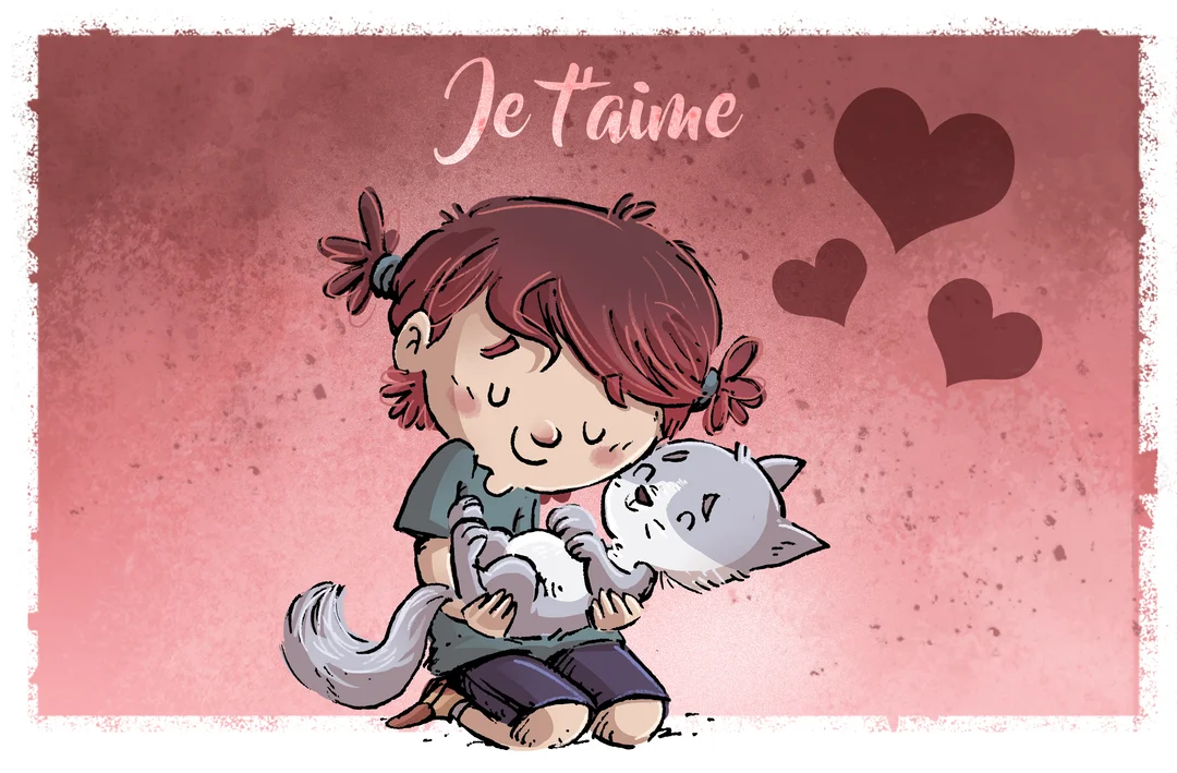 Une illustration montre une enfant aux cheveux bruns, les yeux fermés, qui serre affectueusement dans ses bras un petit chat gris tout aussi content.