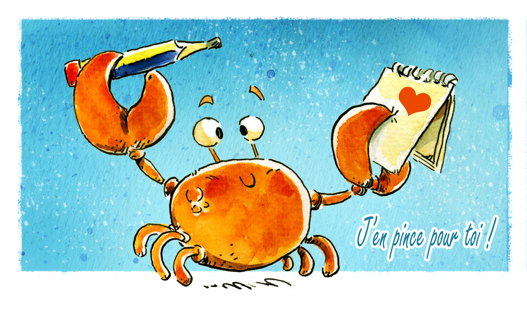 Un crabe orange souriant, dessiné à l'aquarelle, tient un carnet avec un cœur rouge et un crayon, sur un fond bleu texturé.