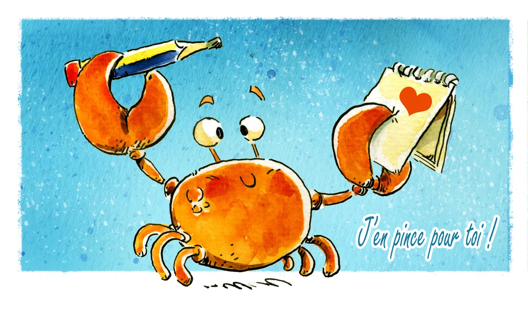Un crabe orange souriant, dessiné à l'aquarelle, tient un carnet avec un cœur rouge et un crayon, sur un fond bleu texturé.