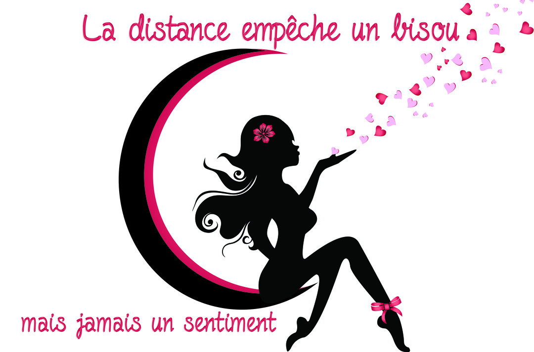 Silhouette noire d'une femme assise sur un croissant de lune, soufflant des cœurs roses et rouges qui s'envolent sur un fond blanc.
