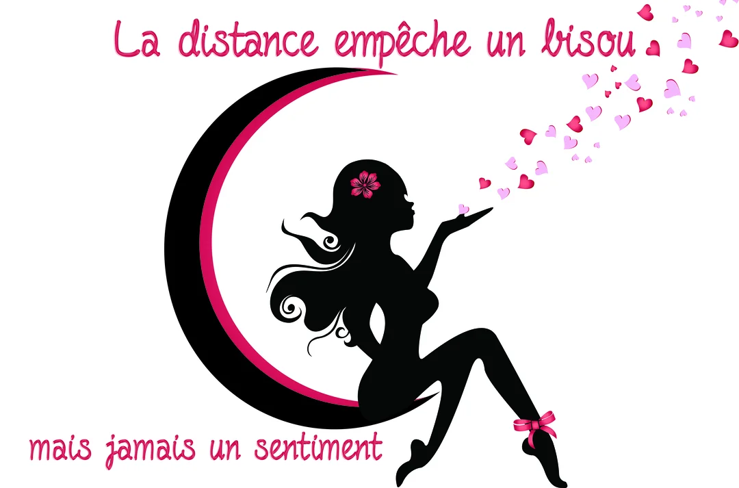 Silhouette noire d'une femme assise sur un croissant de lune, soufflant des cœurs roses et rouges qui s'envolent sur un fond blanc.