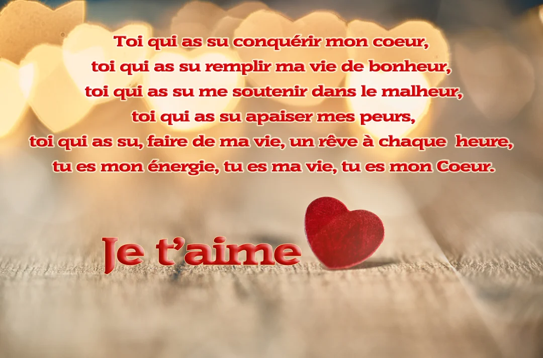 Un poème d'amour est écrit en rouge sur un fond de bois, avec un cœur décoratif et des lumières bokeh dorées.