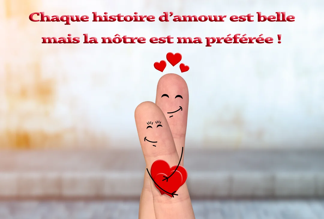 Deux doigts personnifiés en couple s'enlacent tendrement, l'un tenant un cœur, sous une citation d'amour sur un fond lumineux et flou.