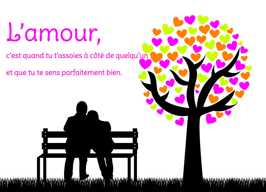 Une scène romantique en silhouette montre un couple sur un banc près d'un arbre stylisé avec des feuilles en forme de cœurs multicolores.