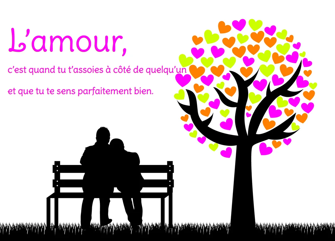 Une scène romantique en silhouette montre un couple sur un banc près d'un arbre stylisé avec des feuilles en forme de cœurs multicolores.