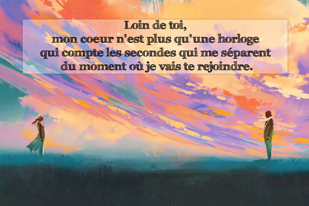 Une illustration de style peinture montrant un homme et une femme séparés par un vaste paysage sous un ciel expressif et multicolore.