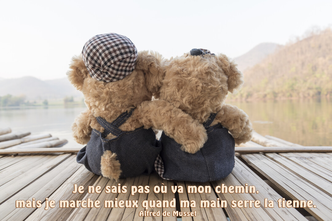 Deux oursons en peluche se serrent l'un contre l'autre de dos, regardant un paysage paisible de lac et de montagnes depuis un ponton en bambou.