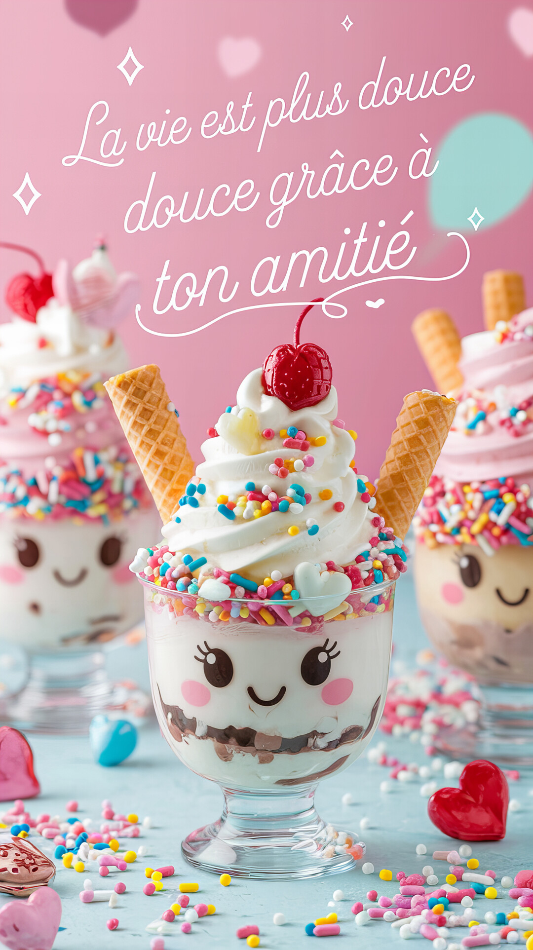 Trois coupes de glace de style kawaii avec des visages souriants, garnies de vermicelles, gaufrettes et cerises, sur un fond rose.