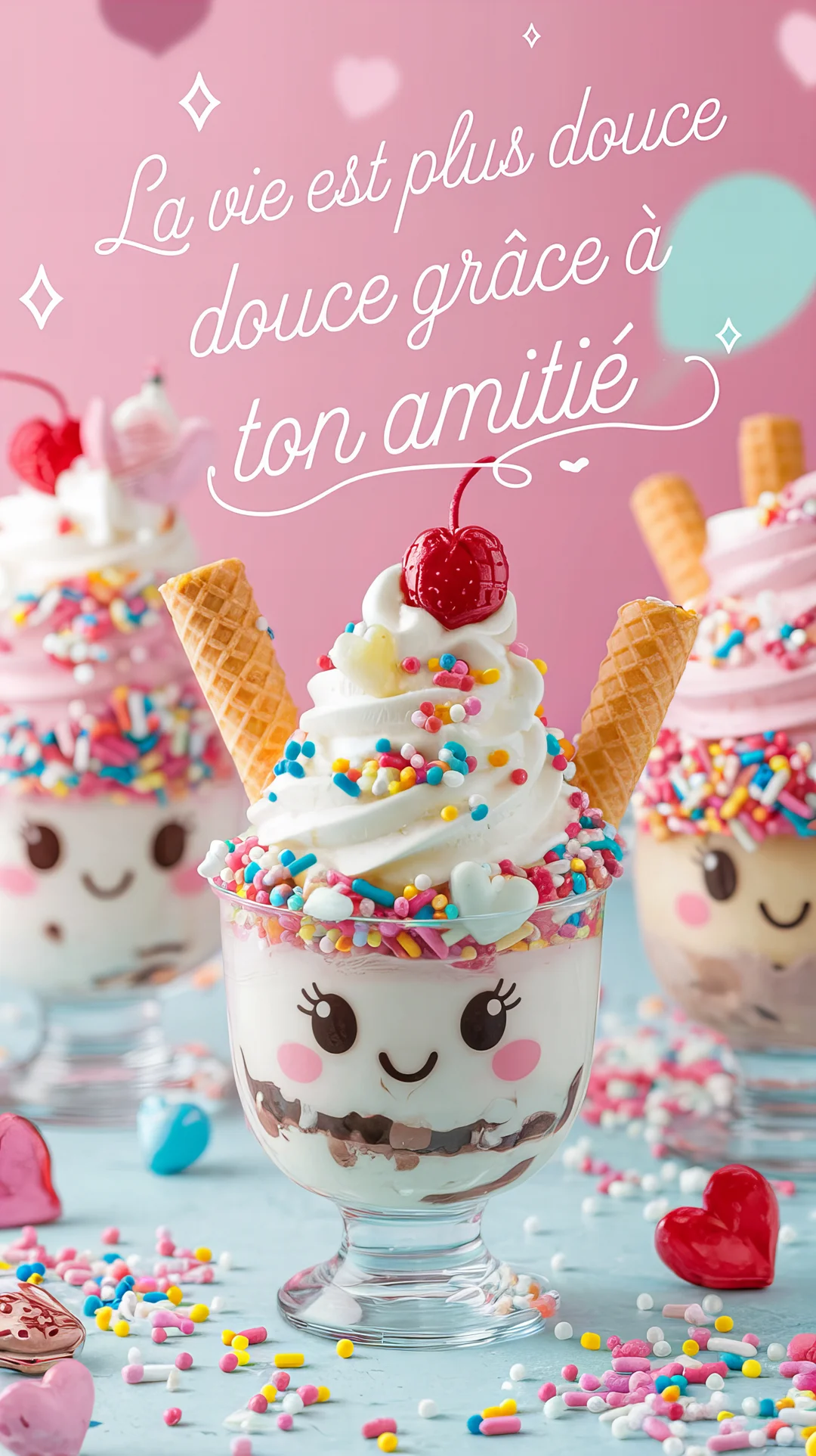 Trois coupes de glace de style kawaii avec des visages souriants, garnies de vermicelles, gaufrettes et cerises, sur un fond rose.