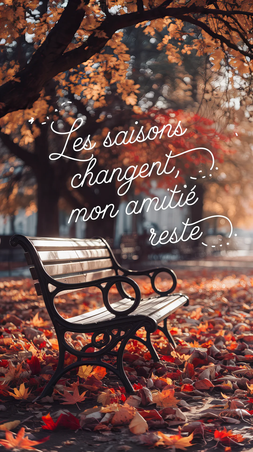 Un banc de parc en bois et fer forgé noir est posé sur un sol couvert de feuilles d'automne rouge-orangé, sous un arbre.