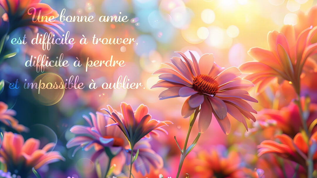Une carte poétique montrant un champ de fleurs roses et oranges sous une lumière dorée, avec un texte calligraphié sur l'amitié en superposition.