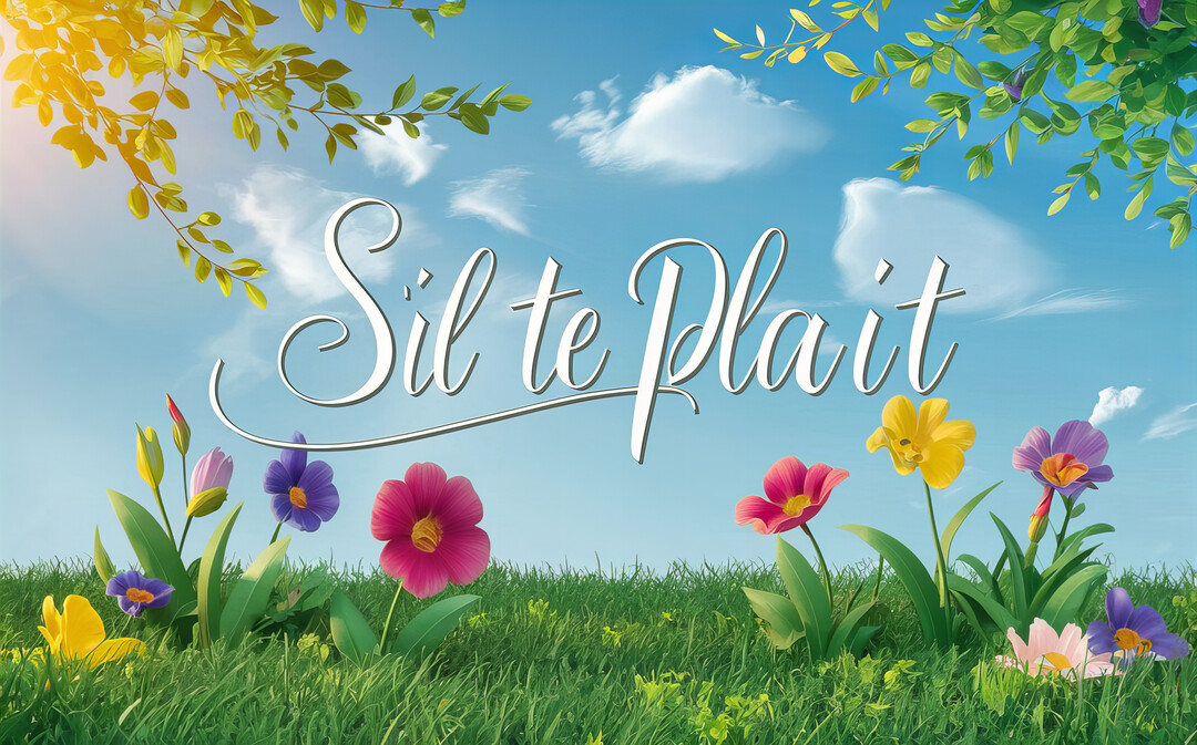 Un paysage printanier avec de l'herbe verte, des fleurs multicolores, et le texte 'S'il te plaît' flottant sous un ciel bleu nuageux.
