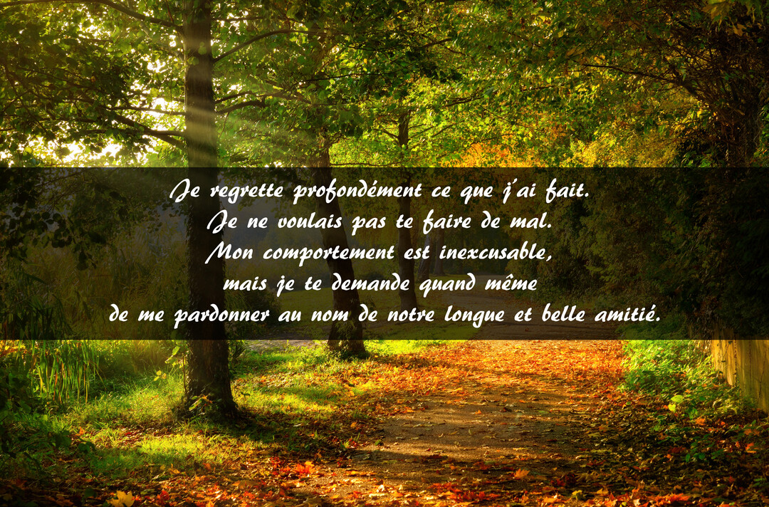Un sentier forestier en automne est baigné de lumière dorée, avec un texte de pardon superposé au centre de la carte.