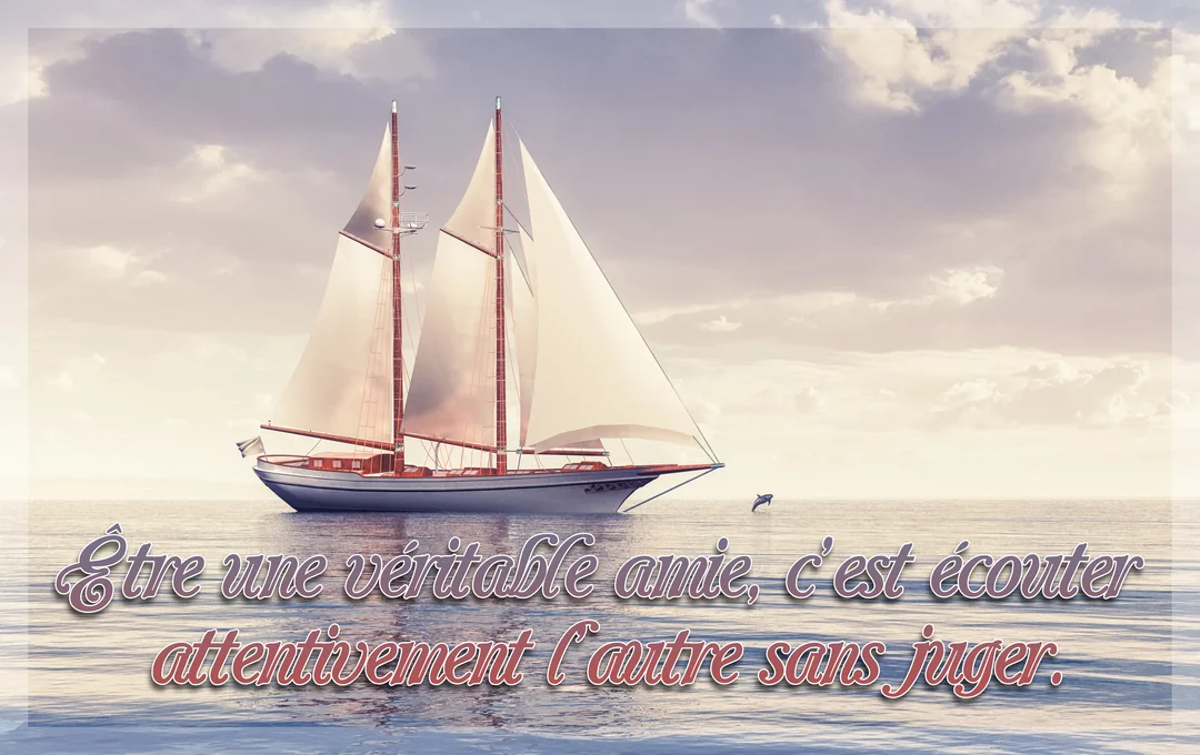 Un grand voilier à deux mâts navigue sur une mer paisible sous un ciel nuageux, avec un dauphin qui saute à l'horizon.