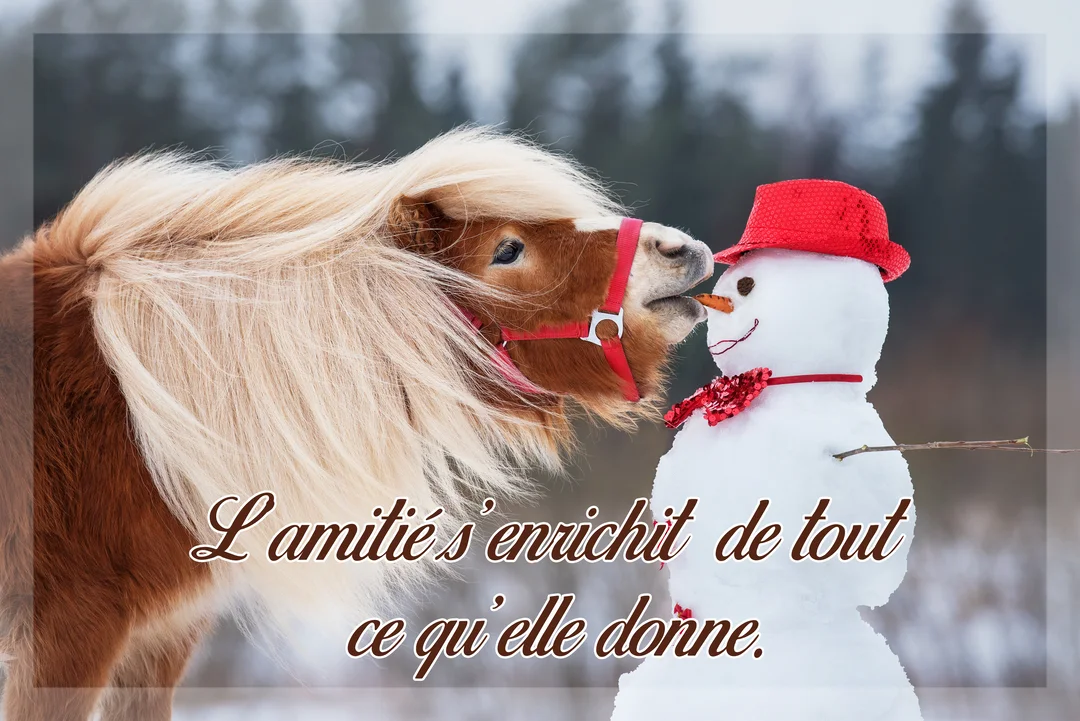 Dans un décor enneigé, un poney alezan à la crinière blonde touche avec son museau le nez en carotte d'un bonhomme de neige.