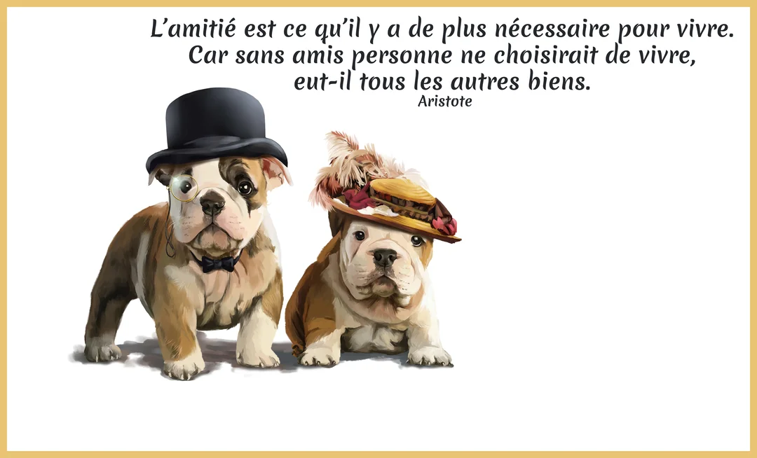 Deux chiots bulldogs de style peinture, l'un avec un haut-de-forme et l'autre un chapeau à plumes, illustrant une citation sur l'amitié.