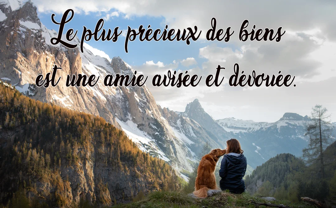 Vue de dos, une femme et son chien sont assis face à un panorama de montagnes enneigées sous un ciel nuageux.