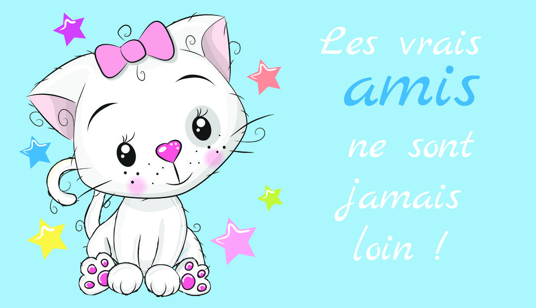 Un adorable chaton blanc avec un nœud rose est assis sur un fond bleu clair, entouré d'étoiles colorées et d'un texte sur l'amitié.