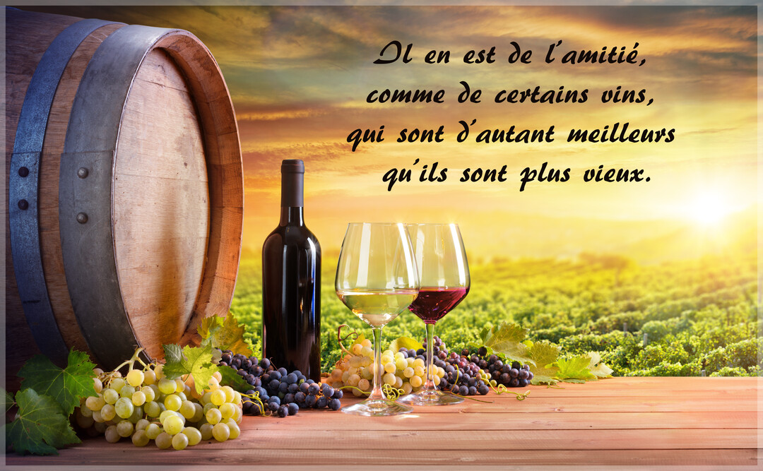 Une scène de dégustation avec un tonneau, une bouteille de vin et deux verres posés sur une table en bois, surplombant un vignoble ensoleillé.