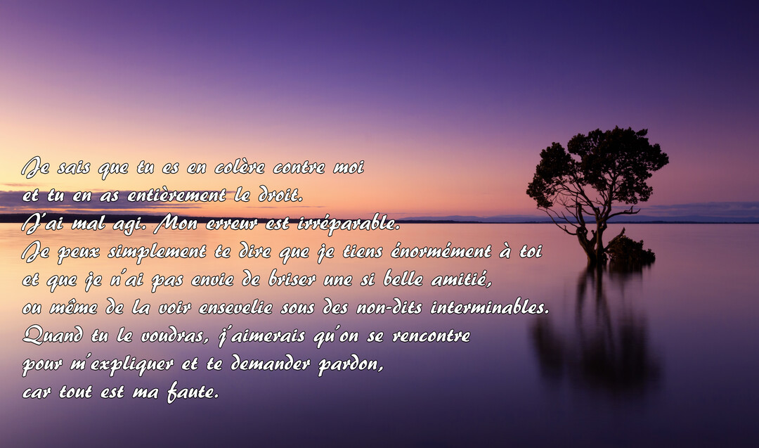 Un arbre solitaire se dresse dans une eau calme, son reflet visible, sous un ciel crépusculaire aux teintes violettes et orangées.