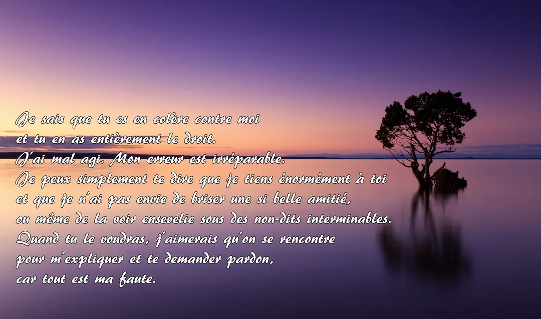 Un arbre solitaire se dresse dans une eau calme, son reflet visible, sous un ciel crépusculaire aux teintes violettes et orangées.