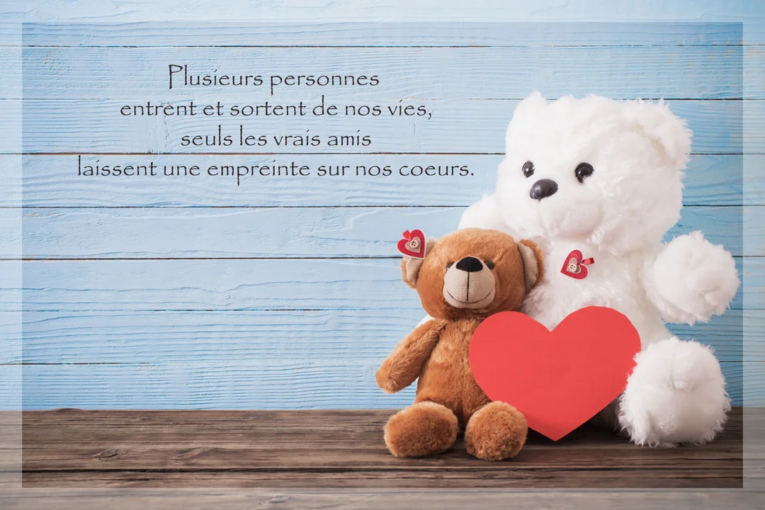 Deux oursons en peluche, l'un blanc et l'autre marron, sont assis côte à côte avec un cœur rouge devant un fond de lattes bleues.