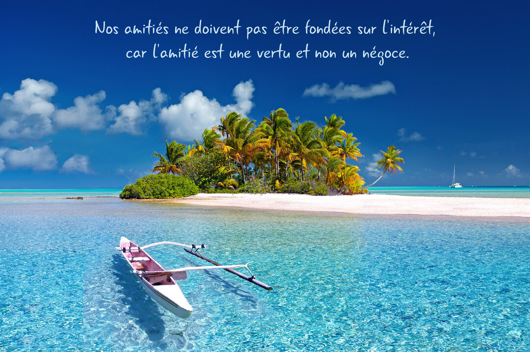 Paysage idyllique d'une île tropicale avec une pirogue au premier plan, surmonté d'une citation philosophique sur l'amitié.