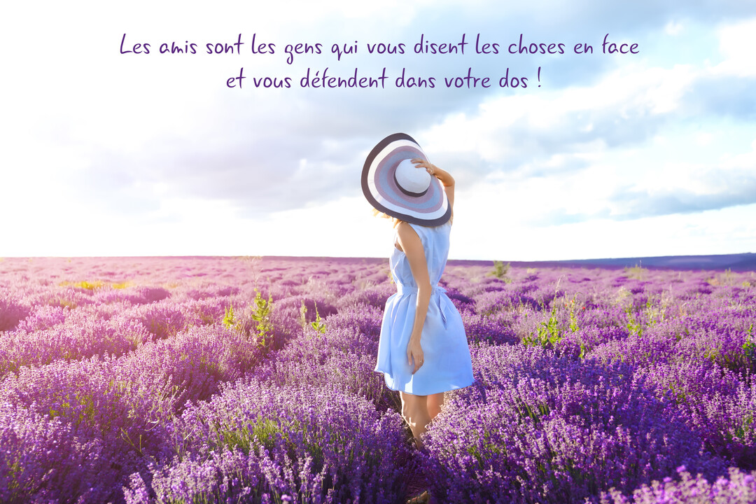 Une femme de dos, portant une robe bleue et un chapeau, se tient au milieu d'un champ de lavande sous un ciel clair.