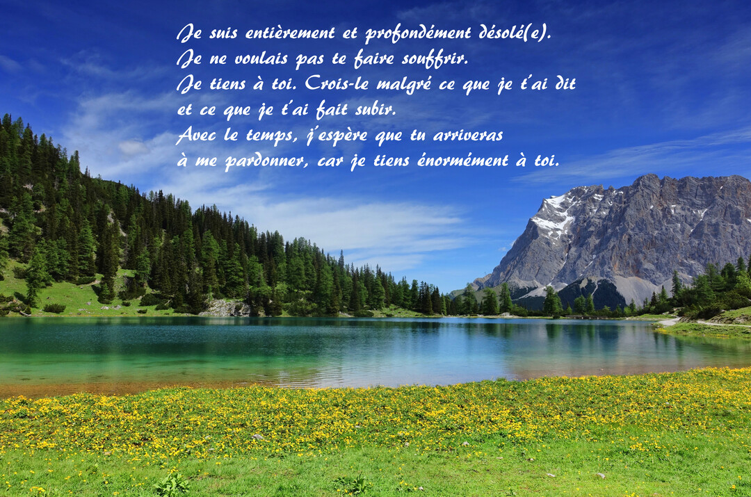 Un message d'excuses sincères est écrit en police cursive sur une photo d'un lac alpin serein, entouré de forêts et de montagnes.