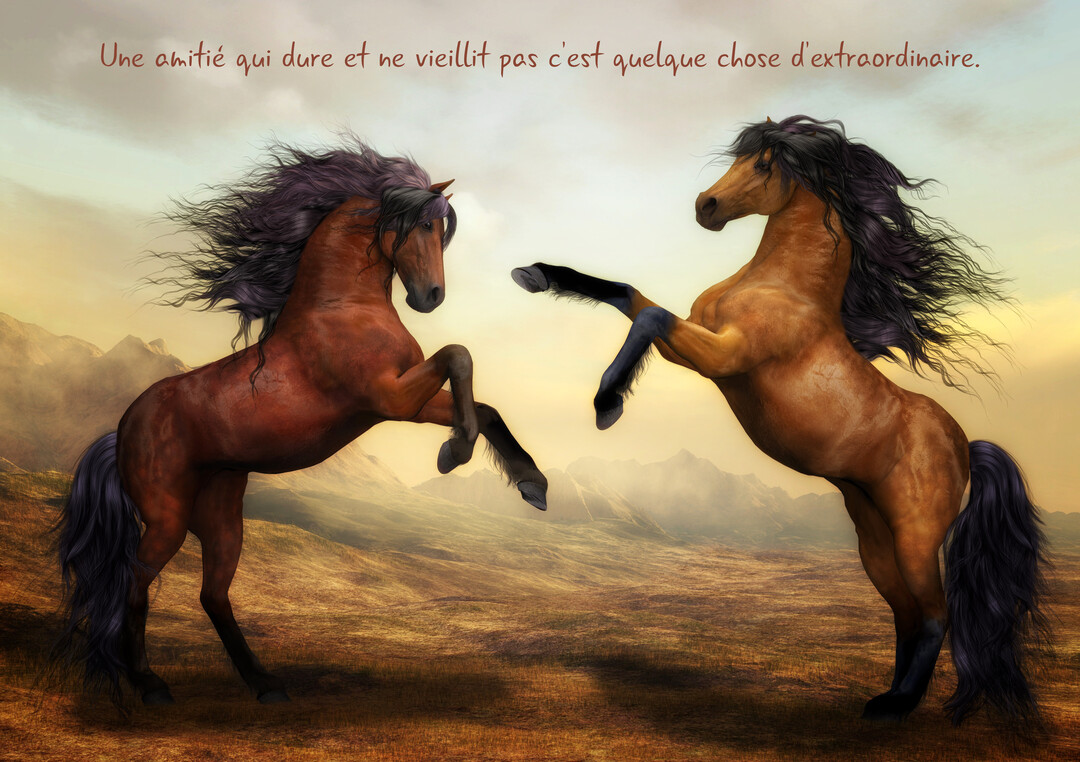 Deux puissants chevaux se cabrent majestueusement l'un en face de l'autre au milieu d'un vaste paysage montagneux sous une lumière dorée.