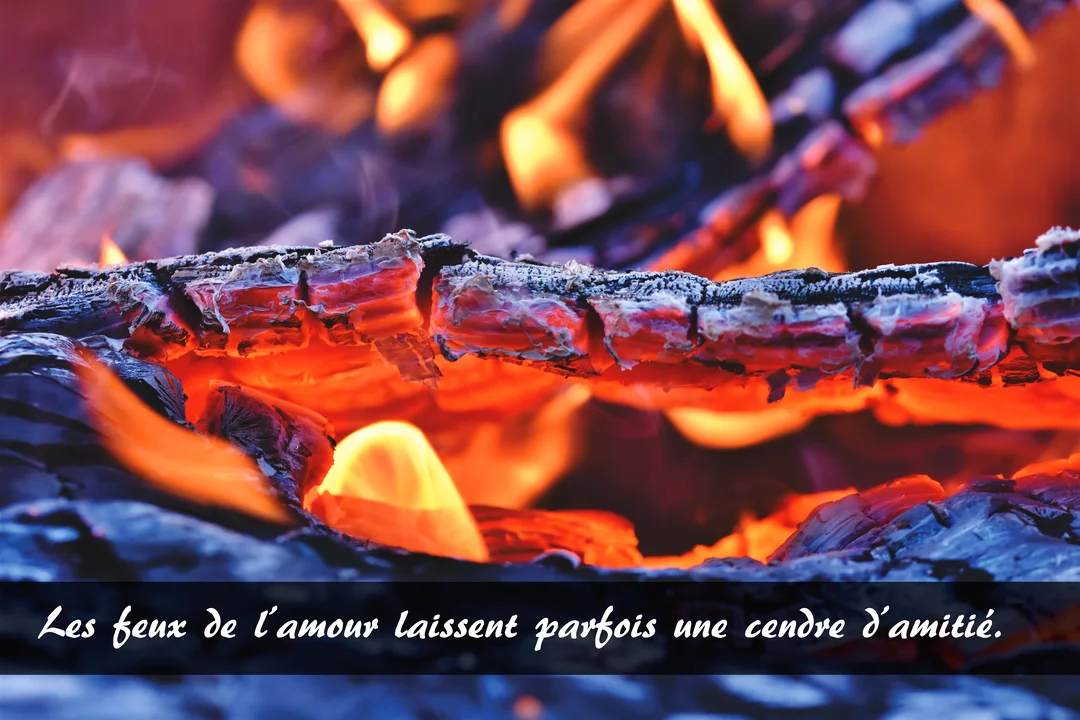 Une photographie en gros plan de bûches incandescentes, avec des braises rouges vives et des flammes jaunes dans un foyer sombre et bleuté.