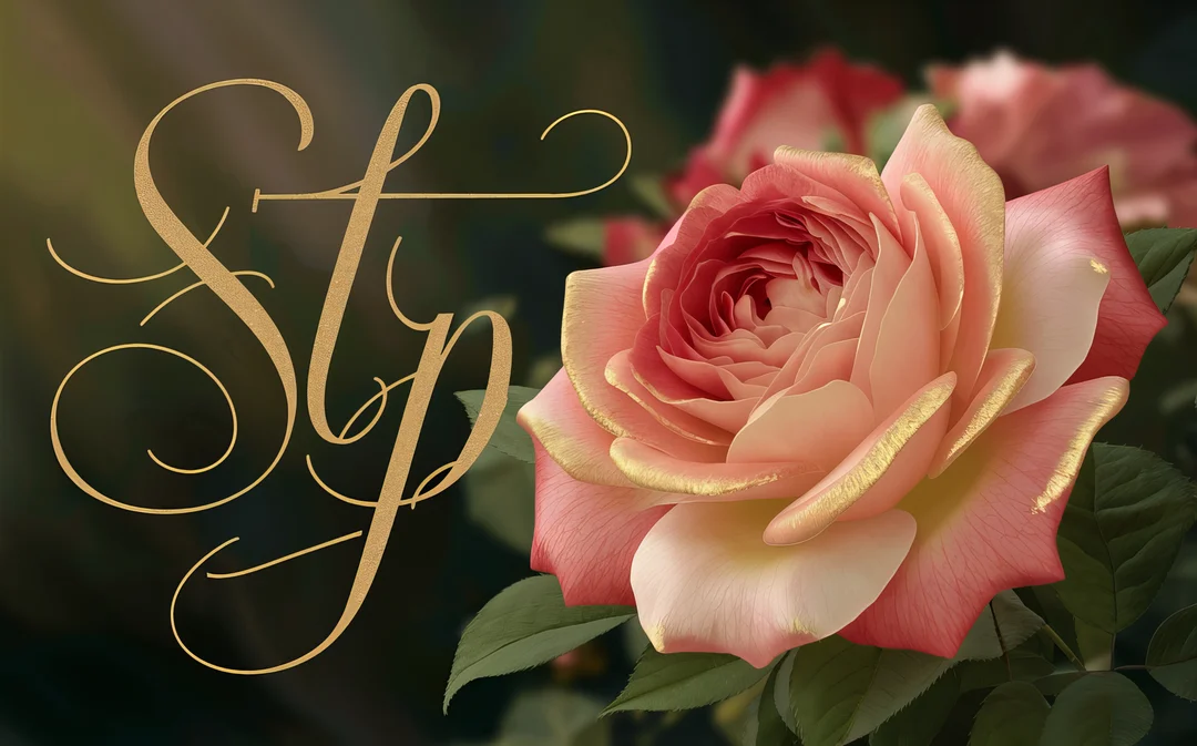 Gros plan sur une rose épanouie aux pétales rose, crème et or, à côté du mot 'Stp' écrit en calligraphie dorée.