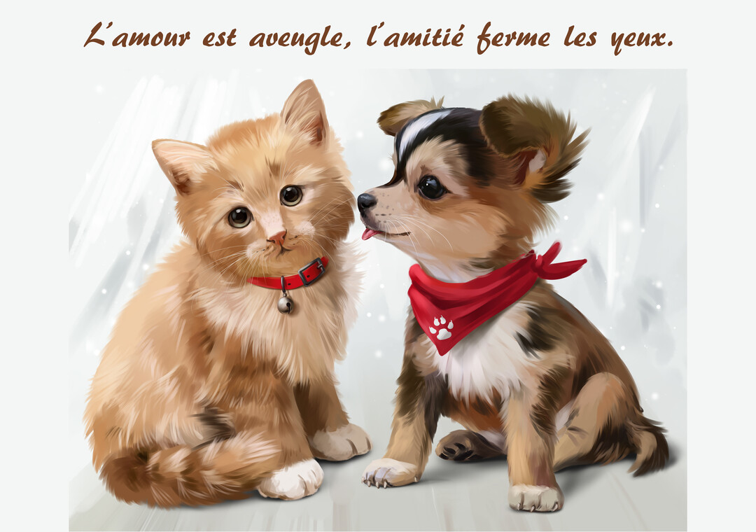 Une illustration touchante montre un chiot tricolore avec un bandana rouge qui lèche affectueusement la joue d'un chaton roux au regard doux.