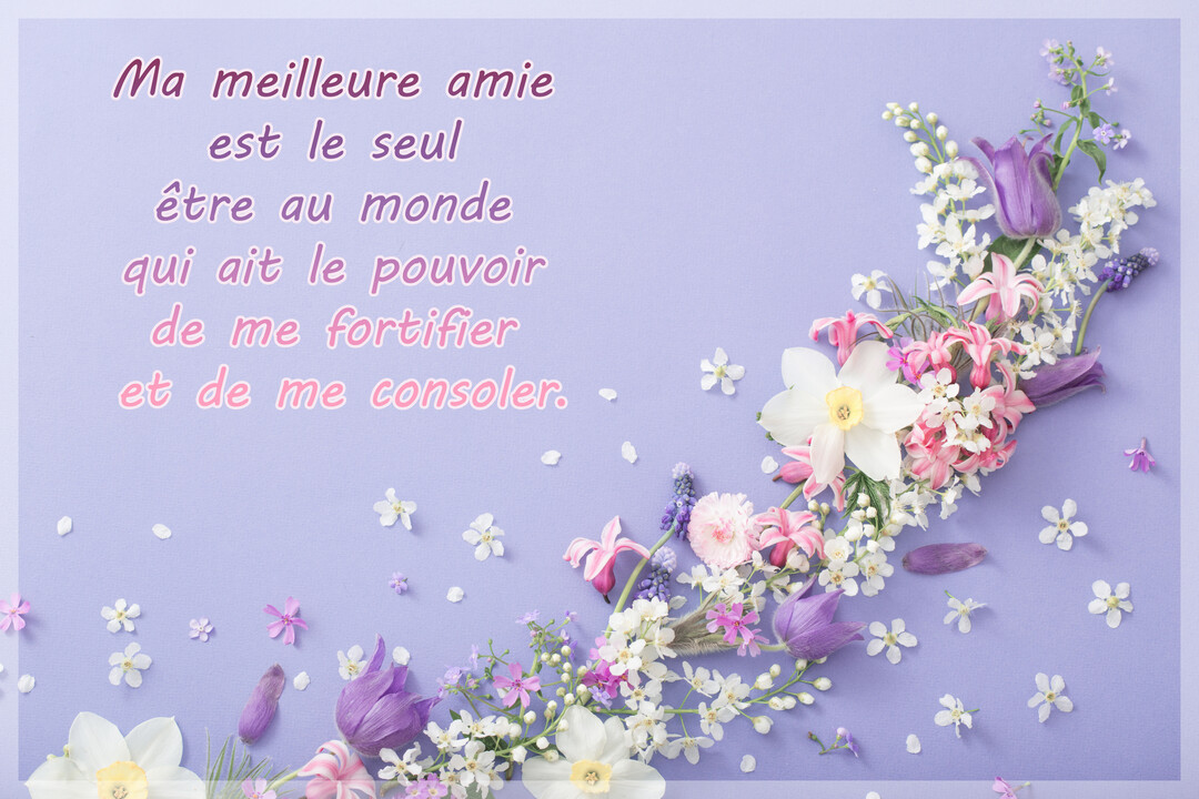Une composition florale de tulipes, narcisses et jacinthes sur un fond violet pastel, accompagnée d'une citation sur l'amitié pour une meilleure amie.