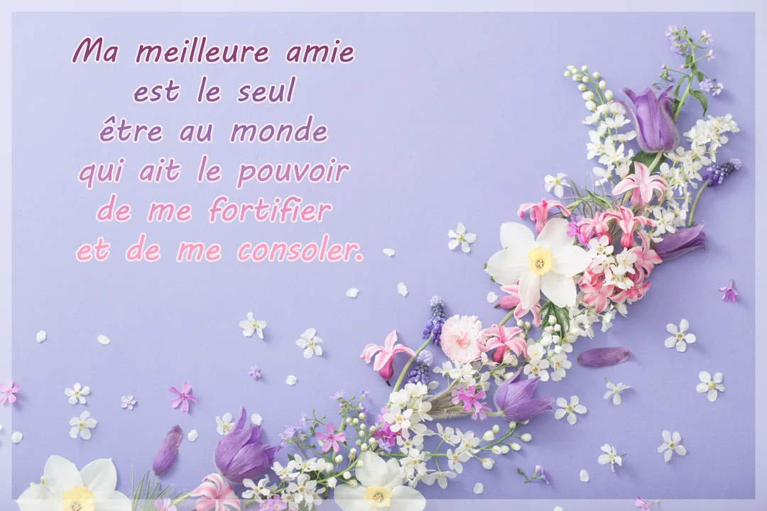 Une composition florale de tulipes, narcisses et jacinthes sur un fond violet pastel, accompagnée d'une citation sur l'amitié pour une meilleure amie.