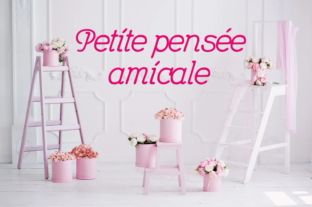 Une scène intérieure lumineuse présente des escabeaux et boîtes roses ornés de bouquets de pivoines devant un mur blanc à moulures.